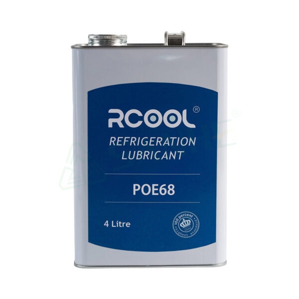 4L RCOOL POE68 refrigerant oil container for HVAC systems, labeled as refrigeration lubricant, suitable for air conditioning and refrigeration applications.